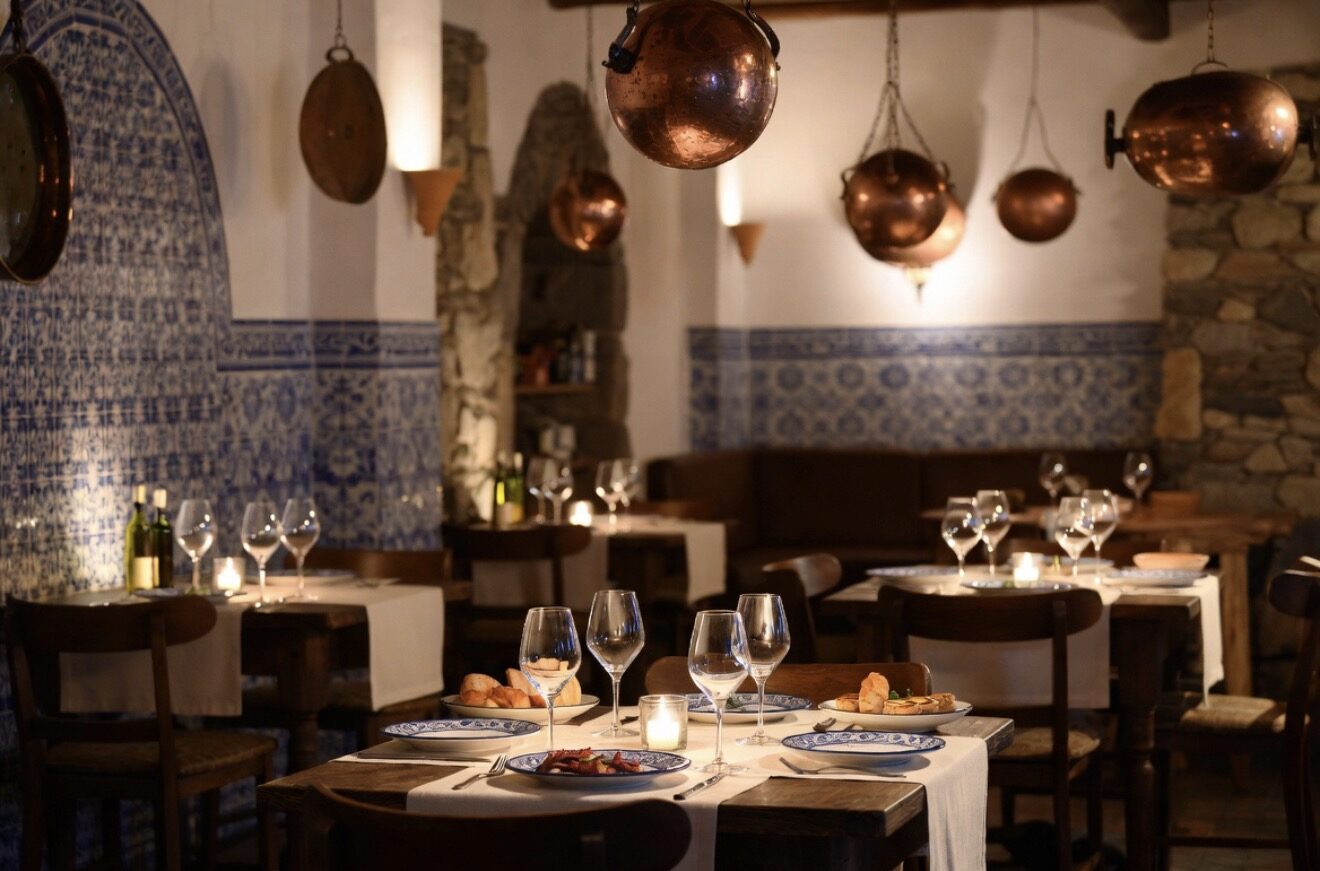 Salle du restaurant, azulejos et pierres apparentes